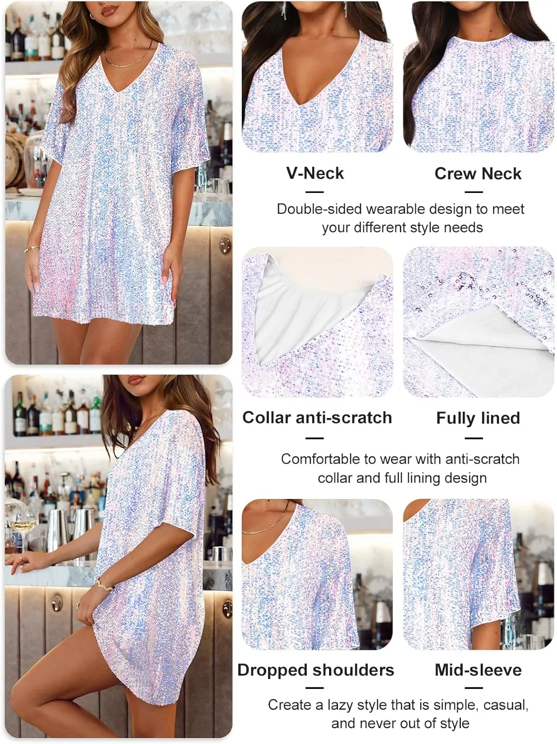 Women's Crew Neck Sequin Dress for Women Sexy V Neck Shirt Dress Sparkly Half Sleeve Loose Party Club Cocktail Dress