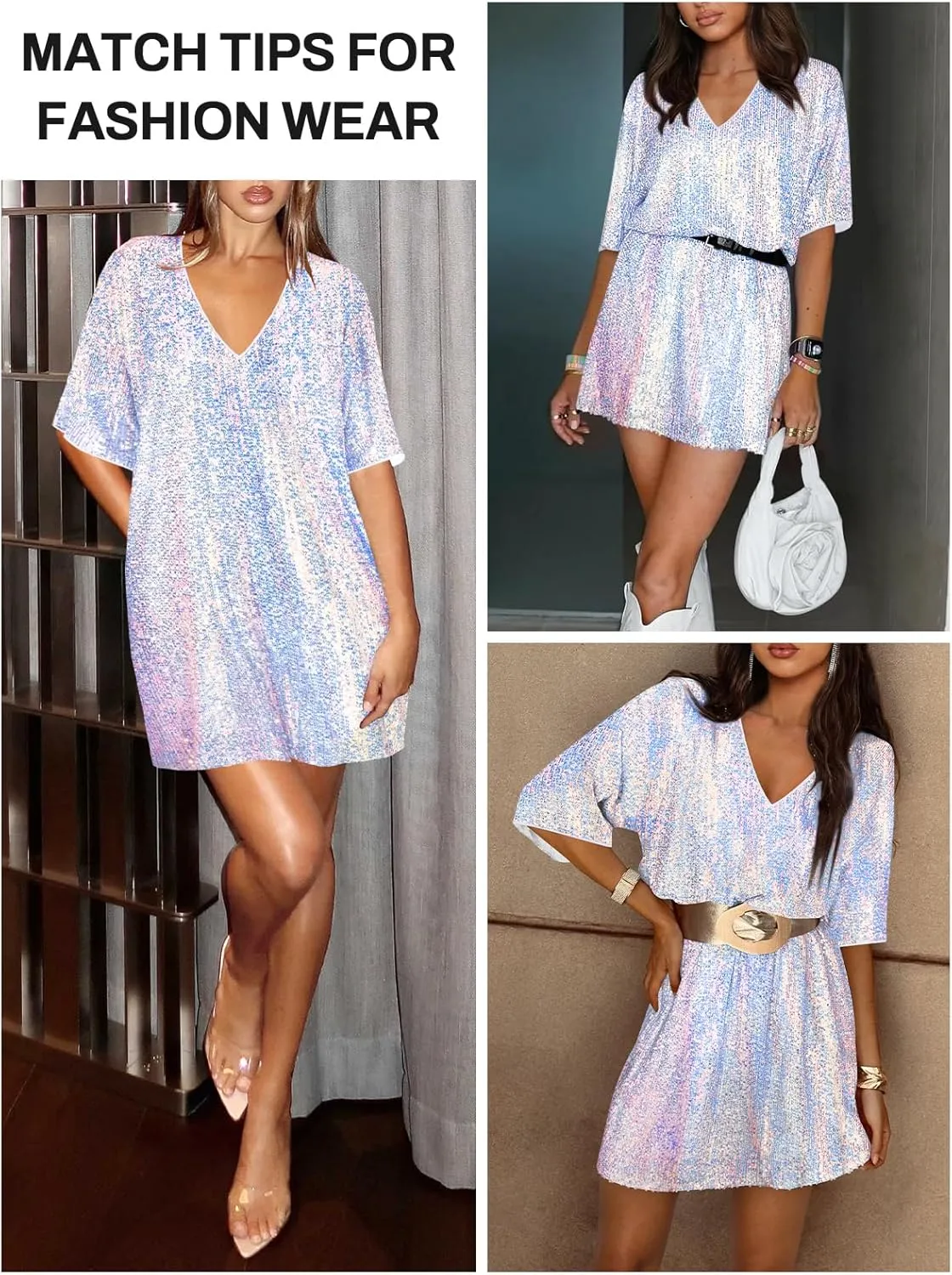 Women's Crew Neck Sequin Dress for Women Sexy V Neck Shirt Dress Sparkly Half Sleeve Loose Party Club Cocktail Dress