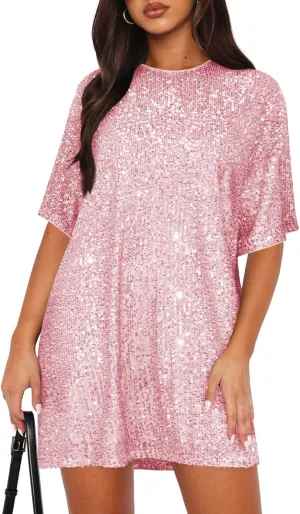 Women's Crew Neck Sequin Dress for Women Sexy V Neck Shirt Dress Sparkly Half Sleeve Loose Party Club Cocktail Dress