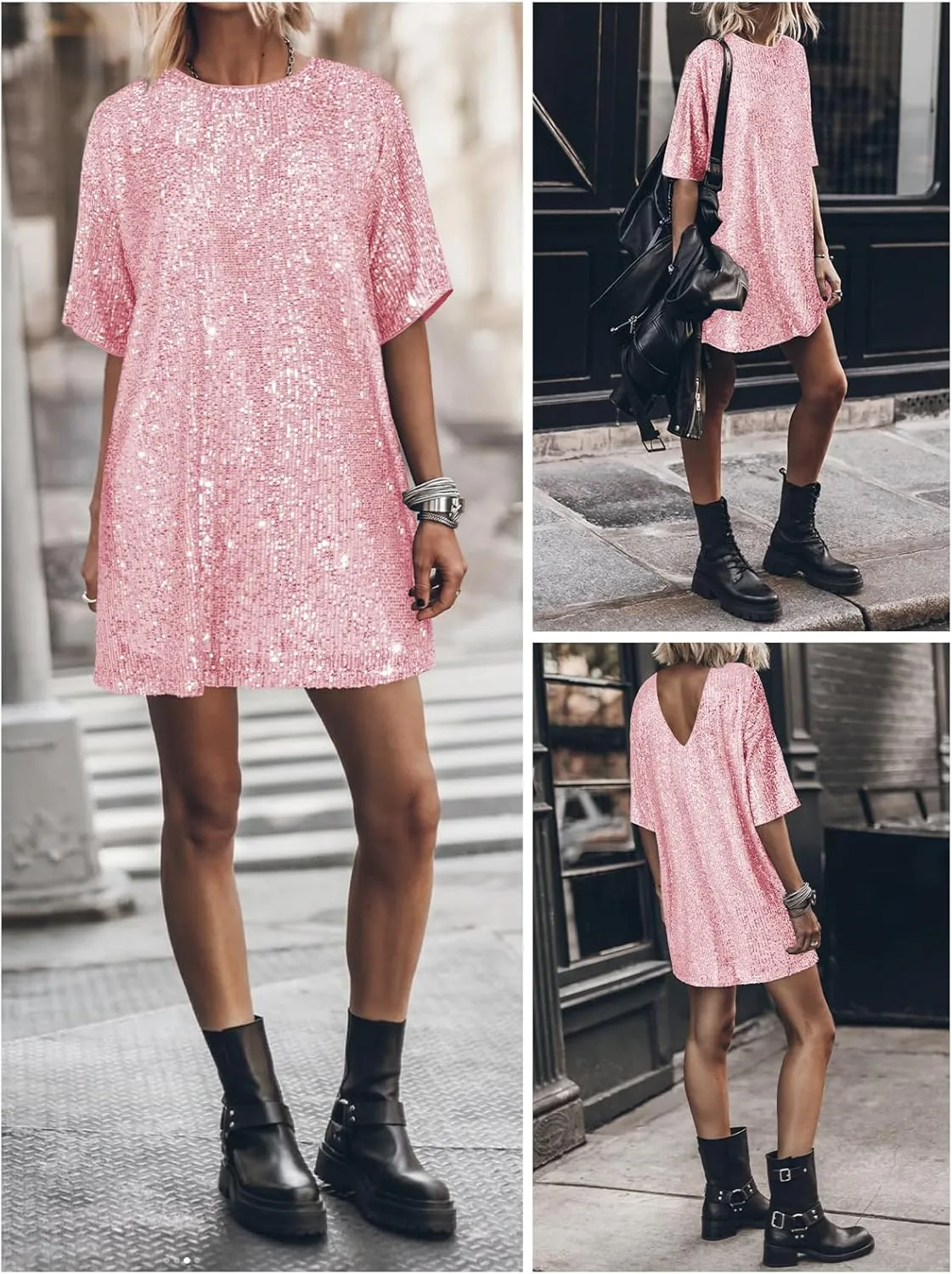 Women's Crew Neck Sequin Dress for Women Sexy V Neck Shirt Dress Sparkly Half Sleeve Loose Party Club Cocktail Dress