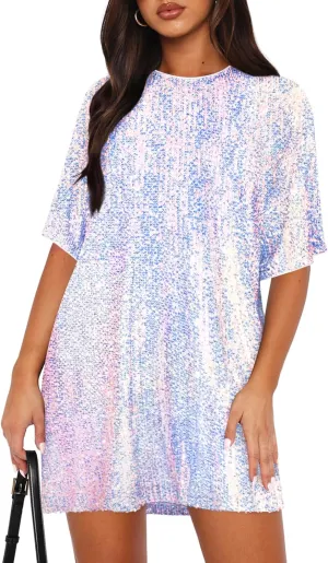 Women's Crew Neck Sequin Dress for Women Sexy V Neck Shirt Dress Sparkly Half Sleeve Loose Party Club Cocktail Dress