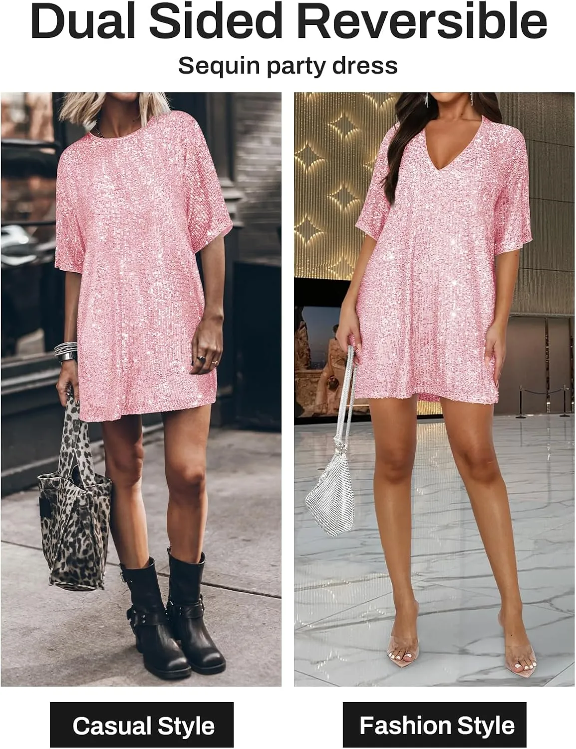 Women's Crew Neck Sequin Dress for Women Sexy V Neck Shirt Dress Sparkly Half Sleeve Loose Party Club Cocktail Dress