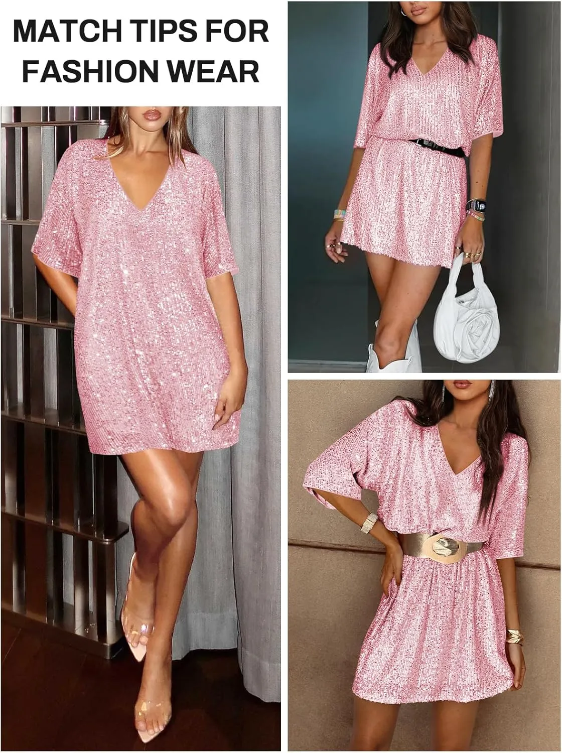 Women's Crew Neck Sequin Dress for Women Sexy V Neck Shirt Dress Sparkly Half Sleeve Loose Party Club Cocktail Dress