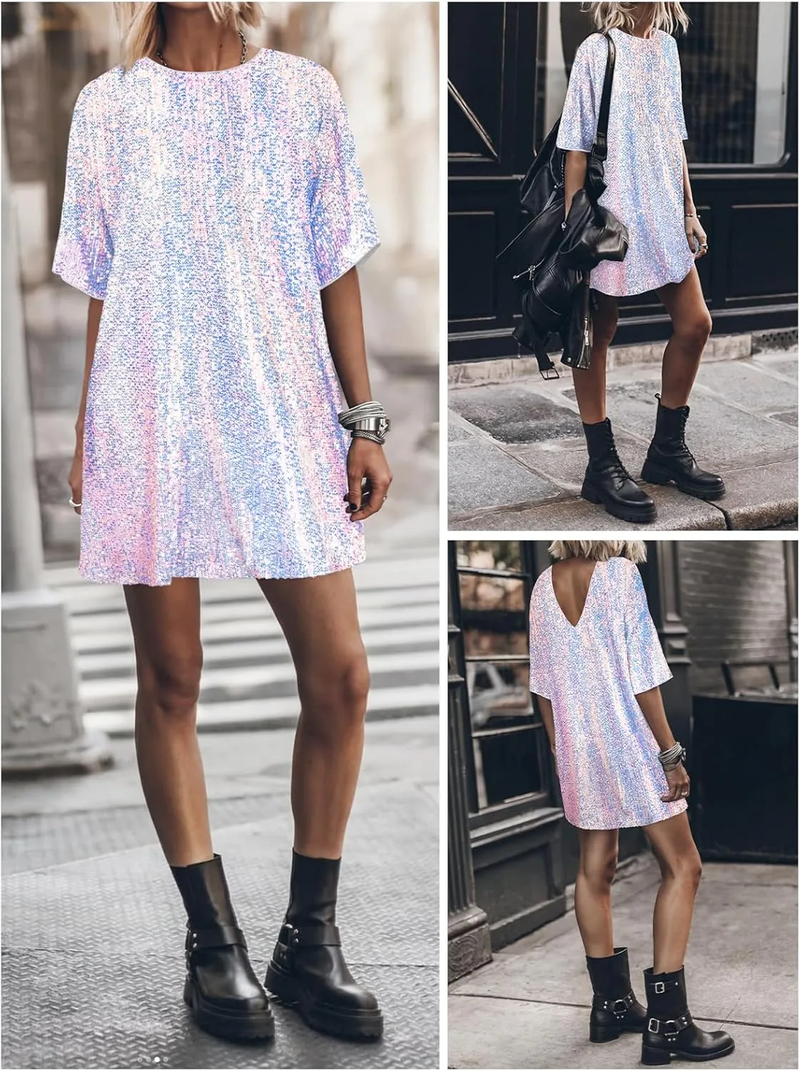 Women's Crew Neck Sequin Dress for Women Sexy V Neck Shirt Dress Sparkly Half Sleeve Loose Party Club Cocktail Dress