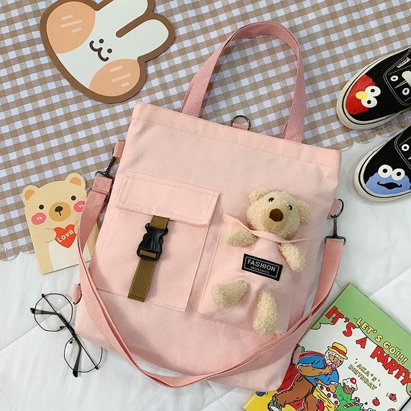 Women's Cute Bear Lamb Trendy Canvas Artistic Crossbody Bags