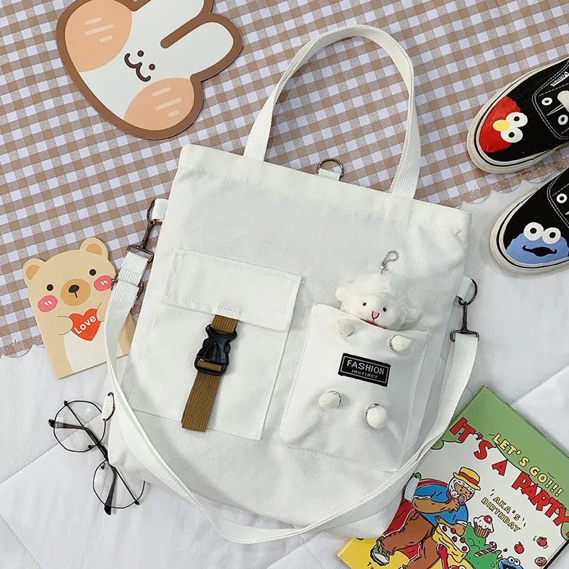 Women's Cute Bear Lamb Trendy Canvas Artistic Crossbody Bags