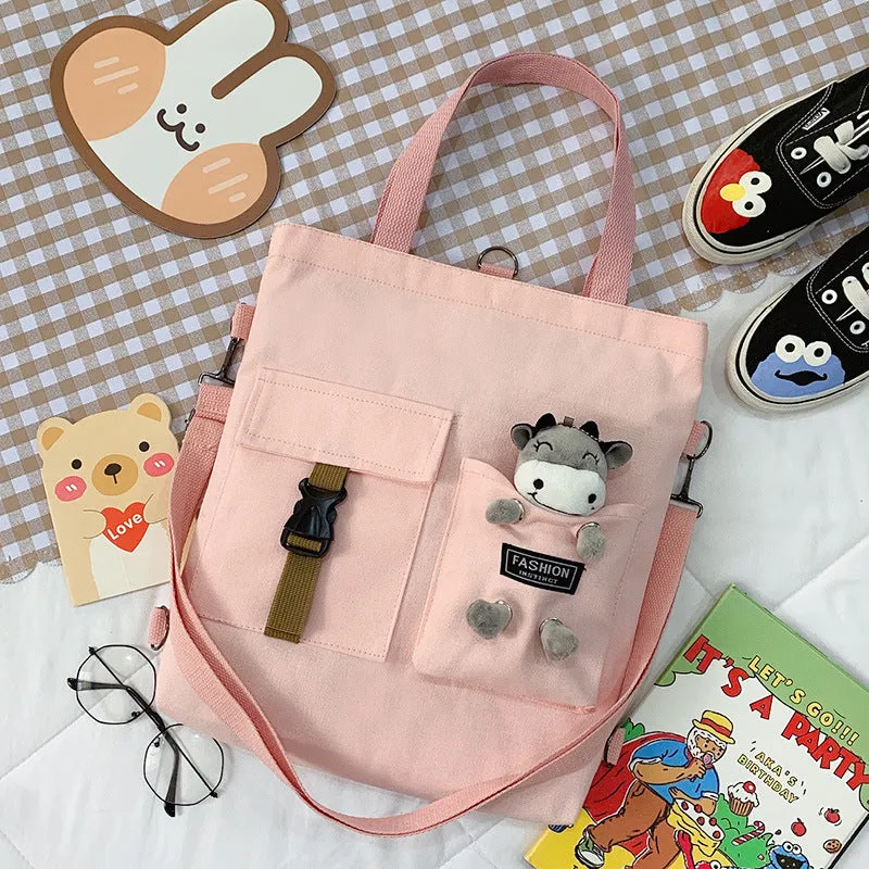 Women's Cute Bear Lamb Trendy Canvas Artistic Crossbody Bags