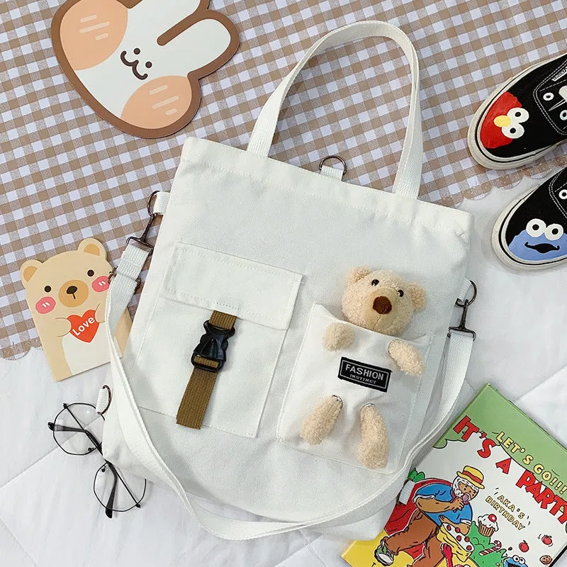 Women's Cute Bear Lamb Trendy Canvas Artistic Crossbody Bags