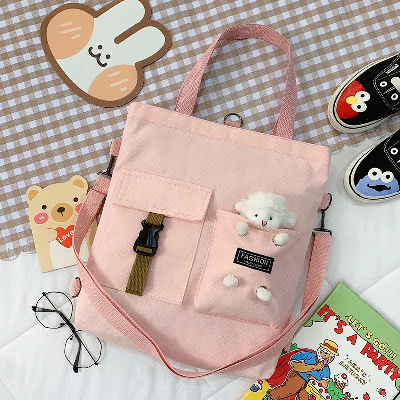 Women's Cute Bear Lamb Trendy Canvas Artistic Crossbody Bags