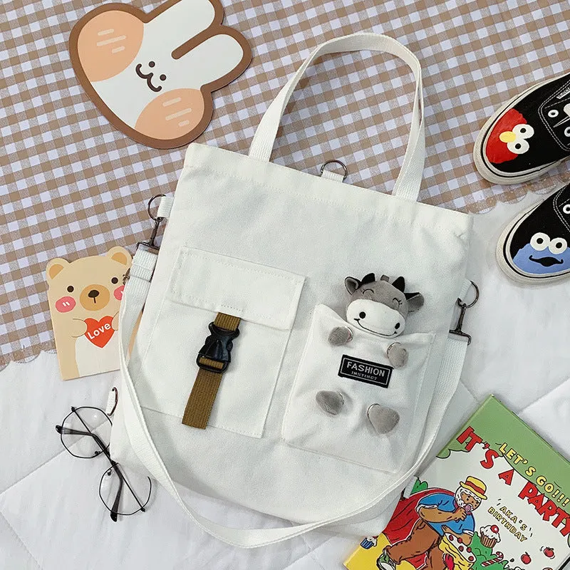 Women's Cute Bear Lamb Trendy Canvas Artistic Crossbody Bags