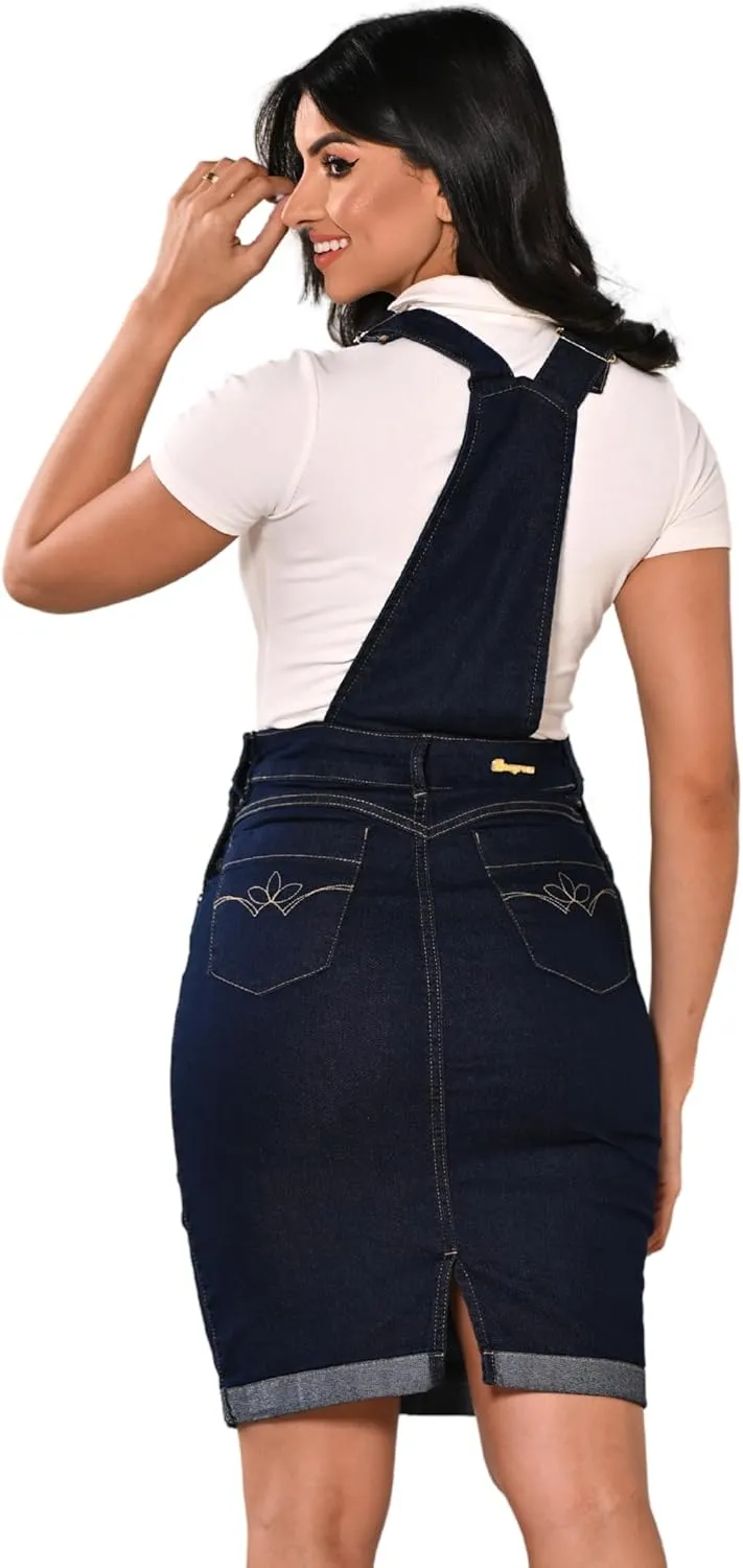 Women's Denim Overall Skirt Adjustable Strap Stretchy Jean Pinafore Style Dress