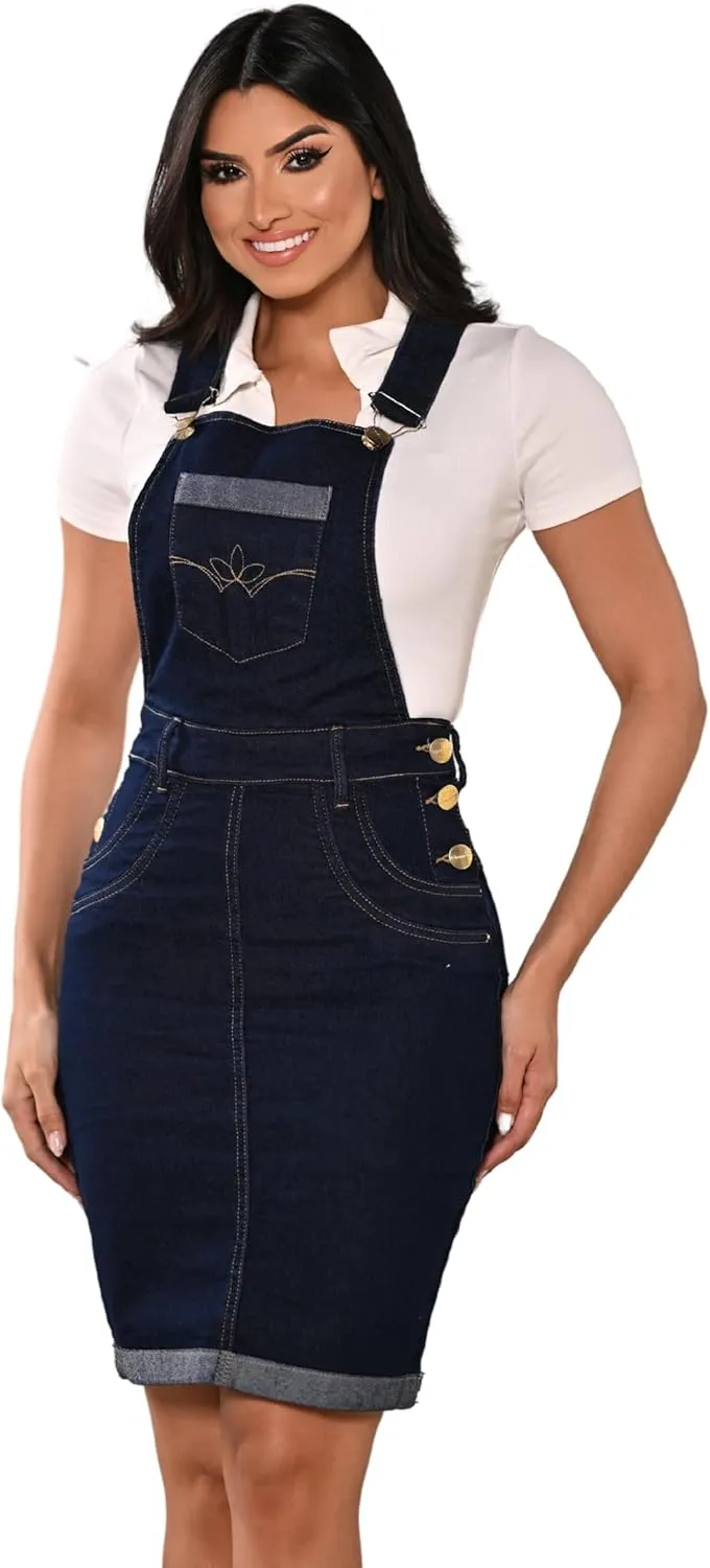 Women's Denim Overall Skirt Adjustable Strap Stretchy Jean Pinafore Style Dress