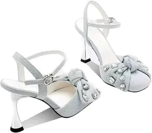 Women's Denim Rhinestone Stilettos Sandals Bow Closed Square Toe Adjustable Strap Buckle Slingback High Heel Dress Shoe for Banquet Wedding Sexy Pumps