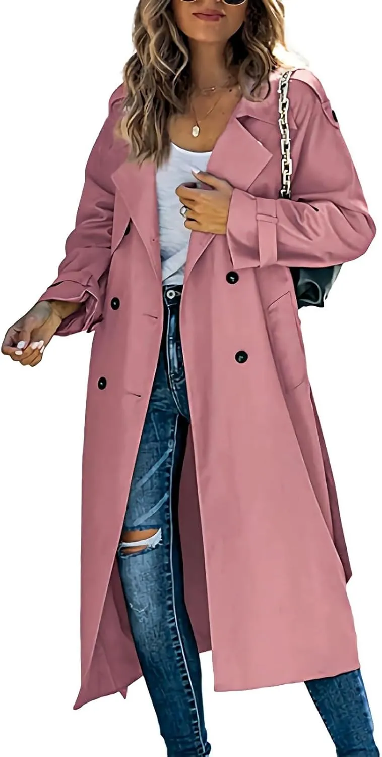 Womens Double Breasted Trench Coat Pocket Cardigan Button Top Sweater Knit Hooded Coat Slim Outerwear Coats Trench