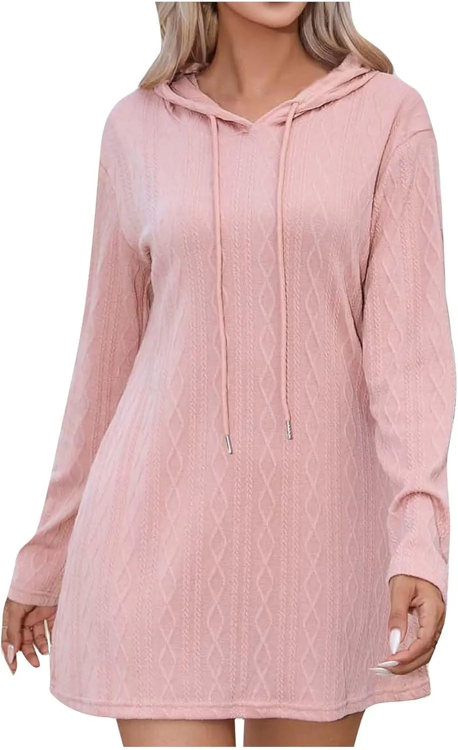 Womens Dress Fall Winter Long Sleeve Front A Line Swing Hooded Knit Dress Loose Casual Long Sleeve Comfy Mini Dresses