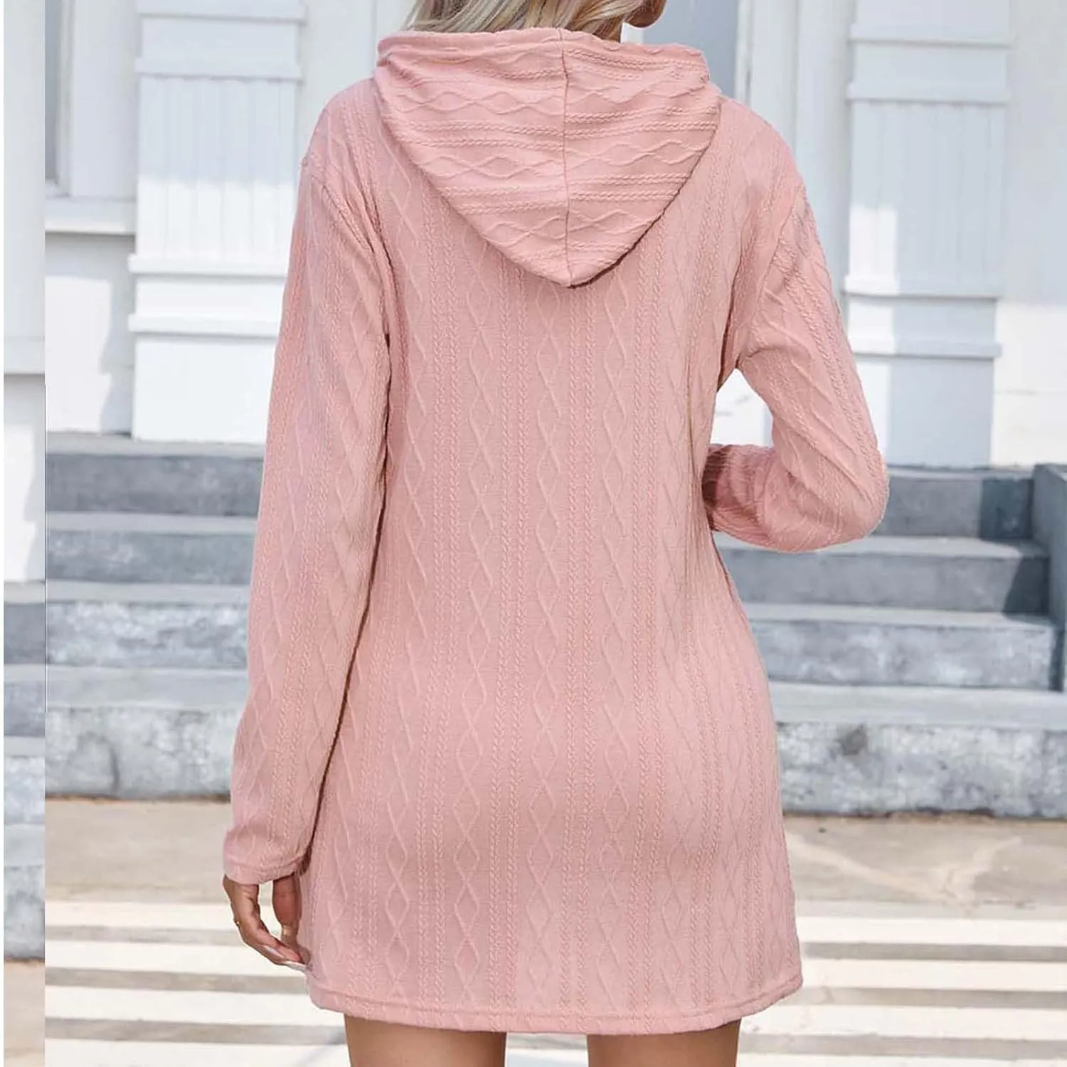 Womens Dress Fall Winter Long Sleeve Front A Line Swing Hooded Knit Dress Loose Casual Long Sleeve Comfy Mini Dresses