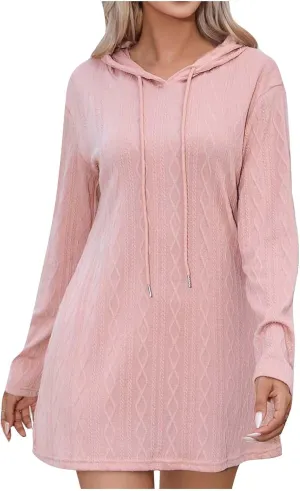 Womens Dress Fall Winter Long Sleeve Front A Line Swing Hooded Knit Dress Loose Casual Long Sleeve Comfy Mini Dresses