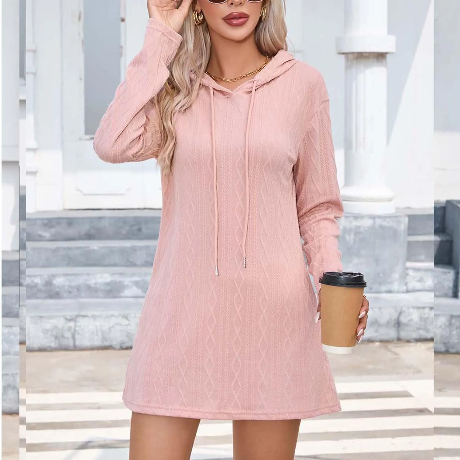 Womens Dress Fall Winter Long Sleeve Front A Line Swing Hooded Knit Dress Loose Casual Long Sleeve Comfy Mini Dresses