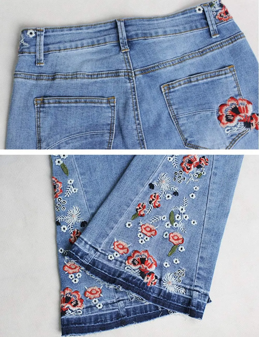Women's Embroidered Bell Bottom Jeans Stretch Flared Fit Wide Leg Denim Pants