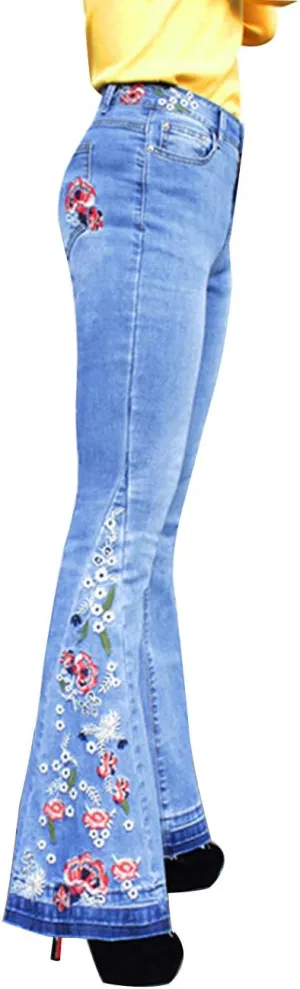 Women's Embroidered Bell Bottom Jeans Stretch Flared Fit Wide Leg Denim Pants