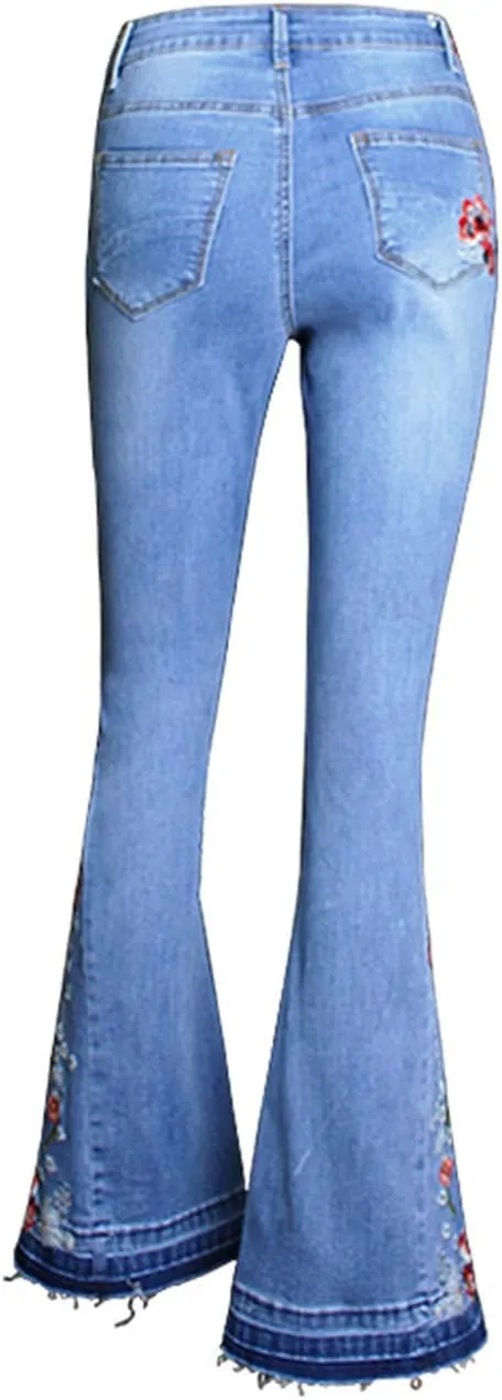 Women's Embroidered Bell Bottom Jeans Stretch Flared Fit Wide Leg Denim Pants
