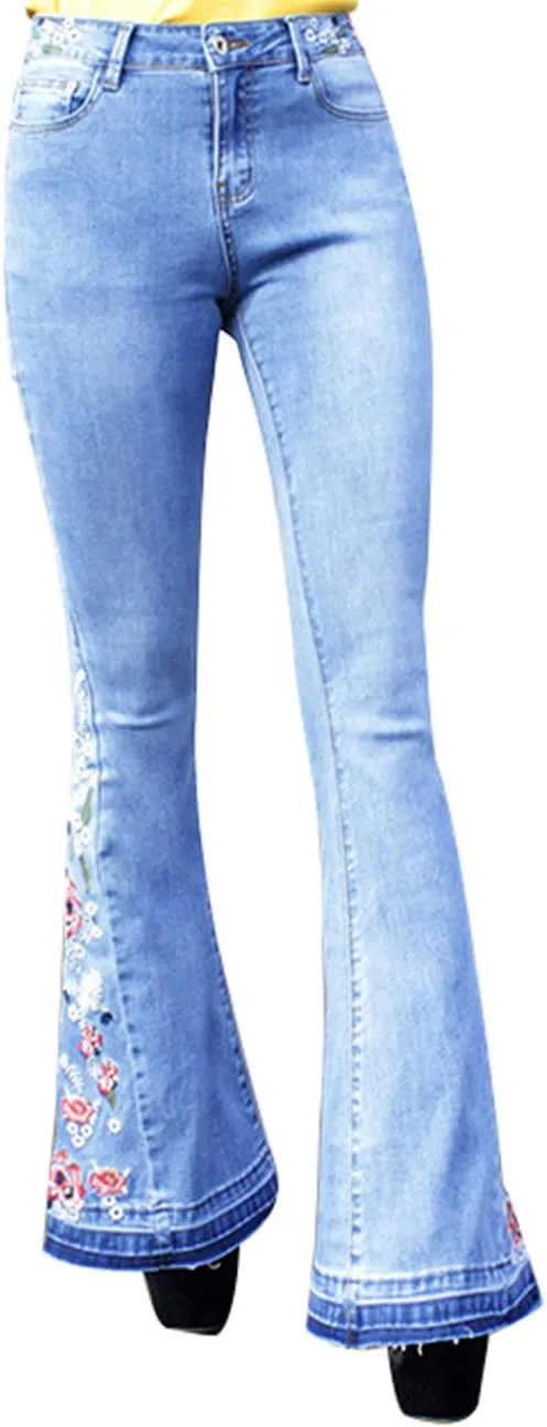 Women's Embroidered Bell Bottom Jeans Stretch Flared Fit Wide Leg Denim Pants