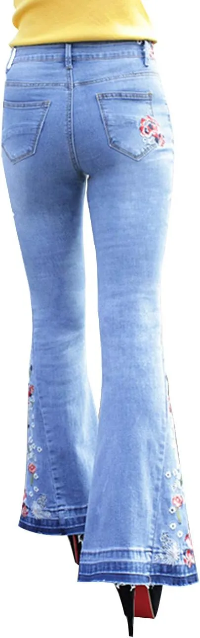 Women's Embroidered Bell Bottom Jeans Stretch Flared Fit Wide Leg Denim Pants