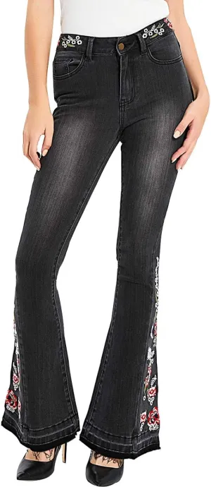 Women's Embroidered Bell Bottom Jeans Stretch Flared Fit Wide Leg Denim Pants