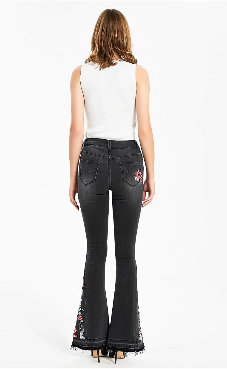 Women's Embroidered Bell Bottom Jeans Stretch Flared Fit Wide Leg Denim Pants