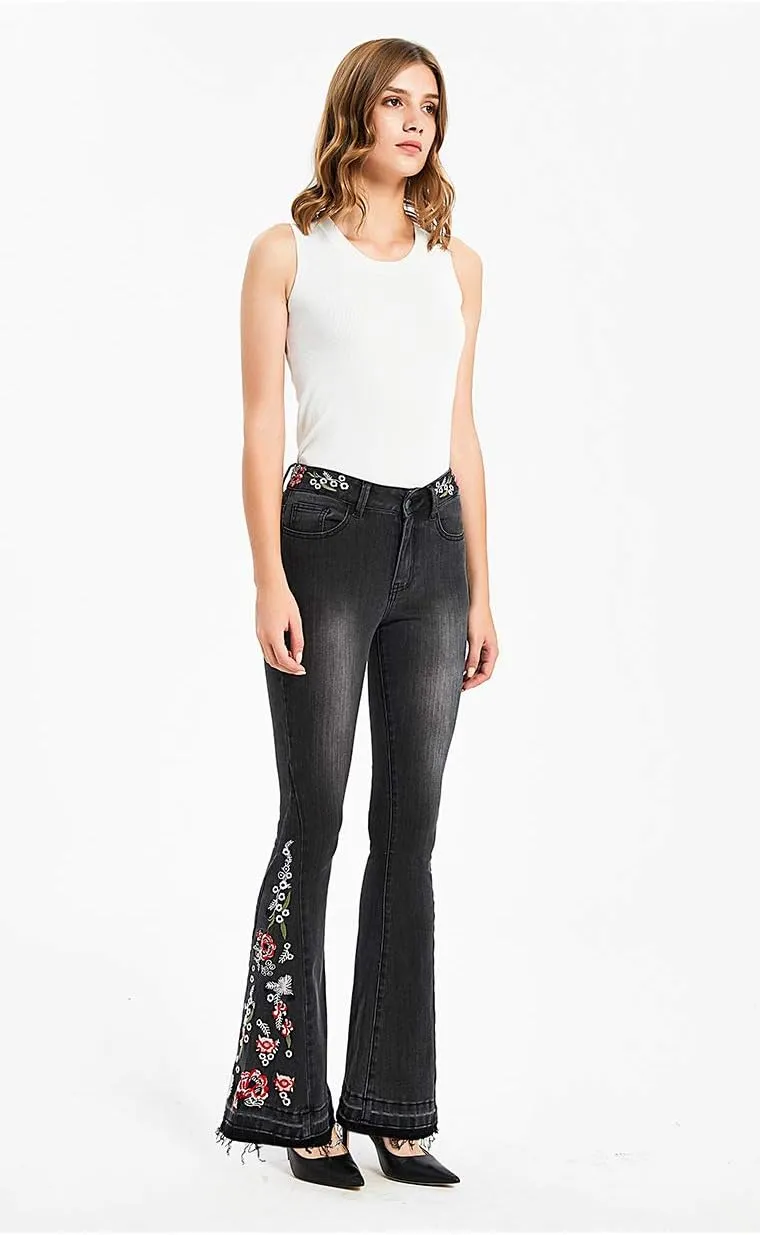 Women's Embroidered Bell Bottom Jeans Stretch Flared Fit Wide Leg Denim Pants