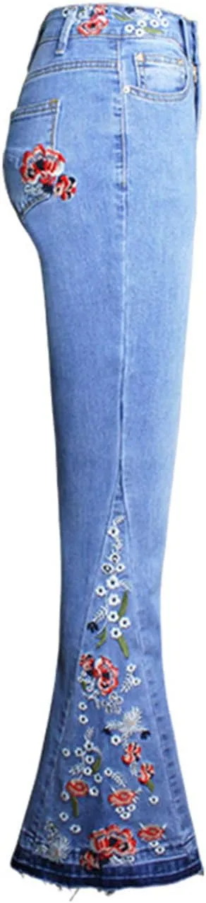 Women's Embroidered Bell Bottom Jeans Stretch Flared Fit Wide Leg Denim Pants