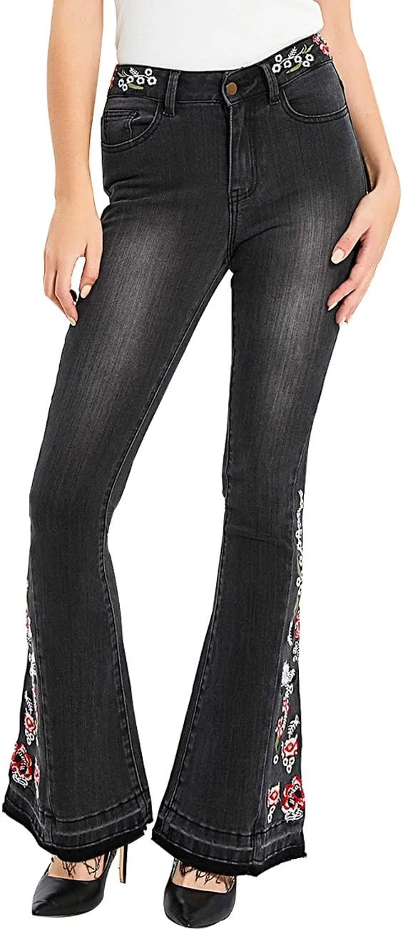 Women's Embroidered Bell Bottom Jeans Stretch Flared Fit Wide Leg Denim Pants
