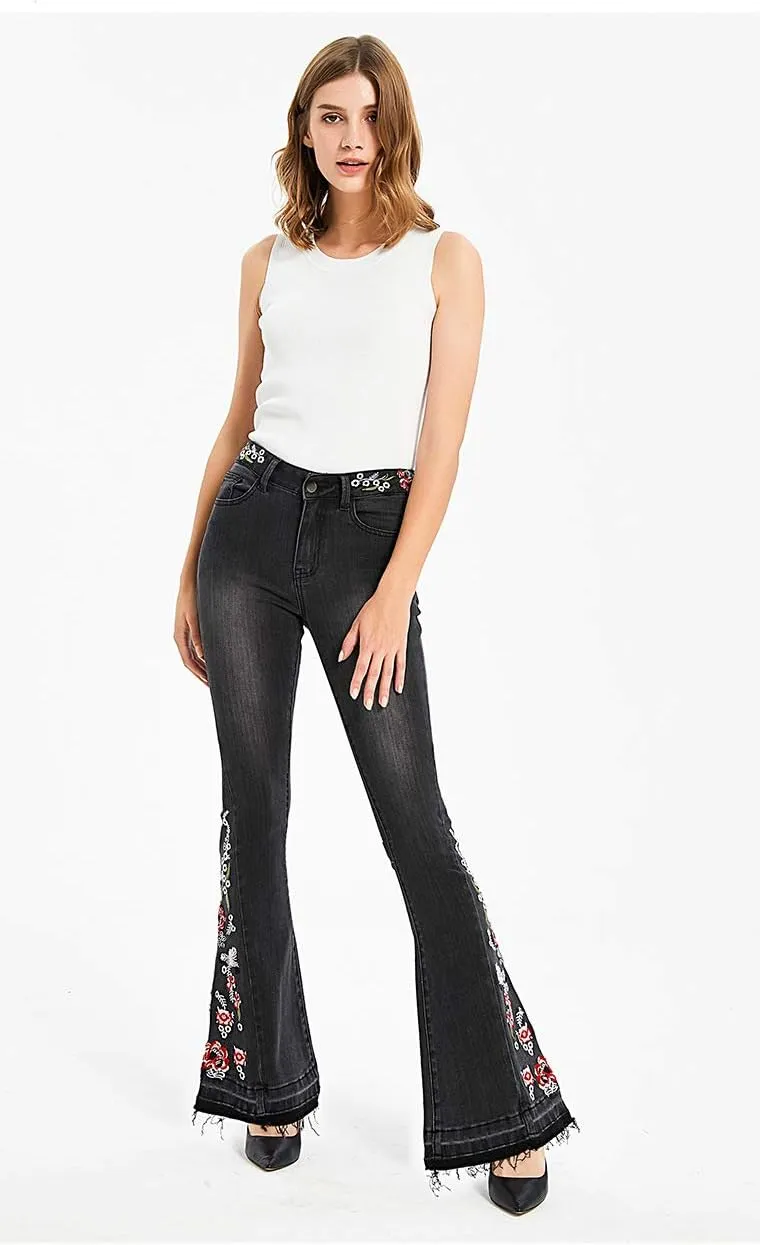 Women's Embroidered Bell Bottom Jeans Stretch Flared Fit Wide Leg Denim Pants