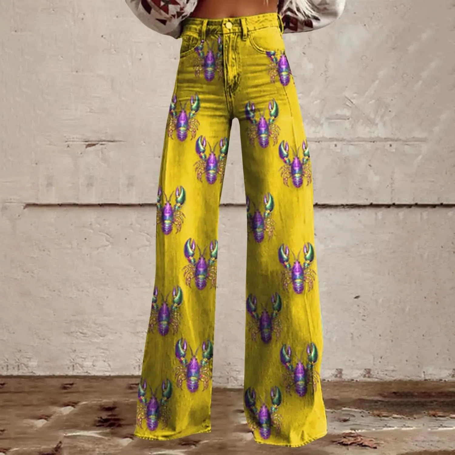 Women's Flare Jeans Wide Leg Baggy Pant Vintage Floral Print High Waisted Straight Stretch Loose Pants with Pockets