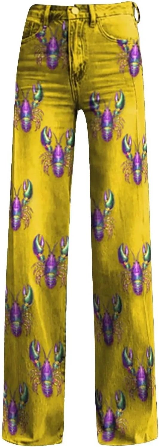 Women's Flare Jeans Wide Leg Baggy Pant Vintage Floral Print High Waisted Straight Stretch Loose Pants with Pockets