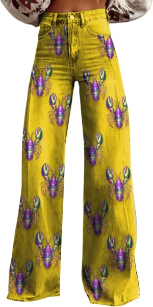 Women's Flare Jeans Wide Leg Baggy Pant Vintage Floral Print High Waisted Straight Stretch Loose Pants with Pockets