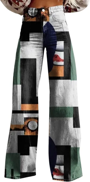 Women's Flare Wide Leg Jeans High Waisted Casual Denim Vintage Floral Print Pants Casual Colorful Baggy Trouser
