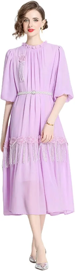 Women's French Vintage Rhinestone-Trimmed Hand-Beaded 3D Flowers Loose Elegant Fringe Maxi Dress