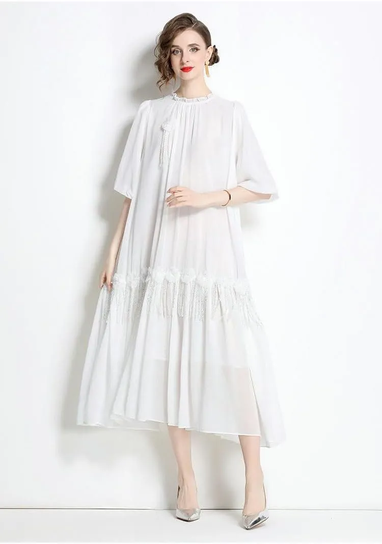 Women's French Vintage Rhinestone-Trimmed Hand-Beaded 3D Flowers Loose Elegant Fringe Maxi Dress