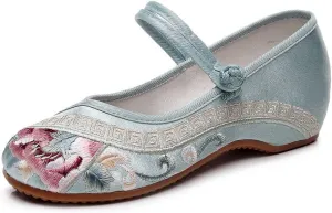 Womens Handmade Floral Embroidered Canvas Shoes - Casual Round Toe Mary Jane Ballet Yoga Flats Slip On Shoes
