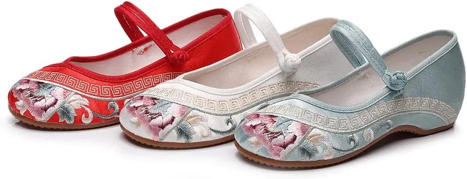 Womens Handmade Floral Embroidered Canvas Shoes - Casual Round Toe Mary Jane Ballet Yoga Flats Slip On Shoes
