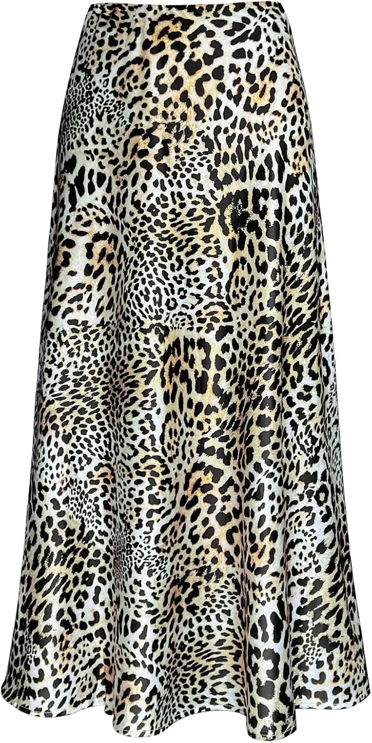 Women's Leopard Print Satin Maxi Skirt High Waisted Elastic Waistband Silk A-Line Casual Party 2025 Summer Long Skirts