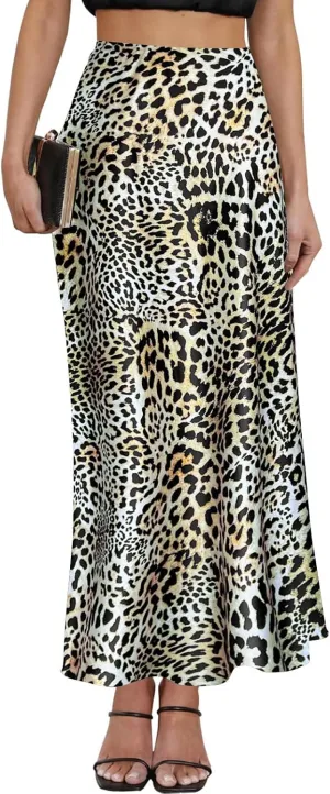 Women's Leopard Print Satin Maxi Skirt High Waisted Elastic Waistband Silk A-Line Casual Party 2025 Summer Long Skirts