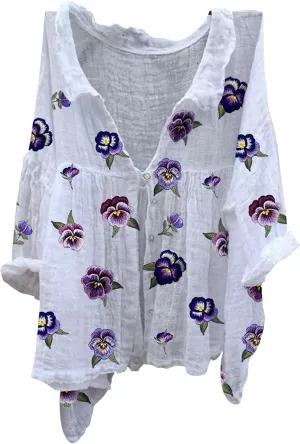 Women's Linen Oversized Blouses Vintage Women's Retro Floral Art Print Casual Long Boyfriend Dress Shirt