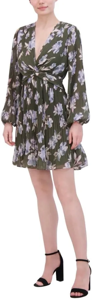 Women's Long Puff Sleeve V Neck Twist Front Mini Dress
