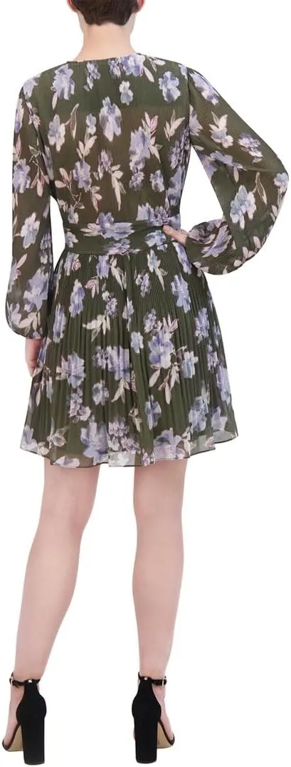 Women's Long Puff Sleeve V Neck Twist Front Mini Dress