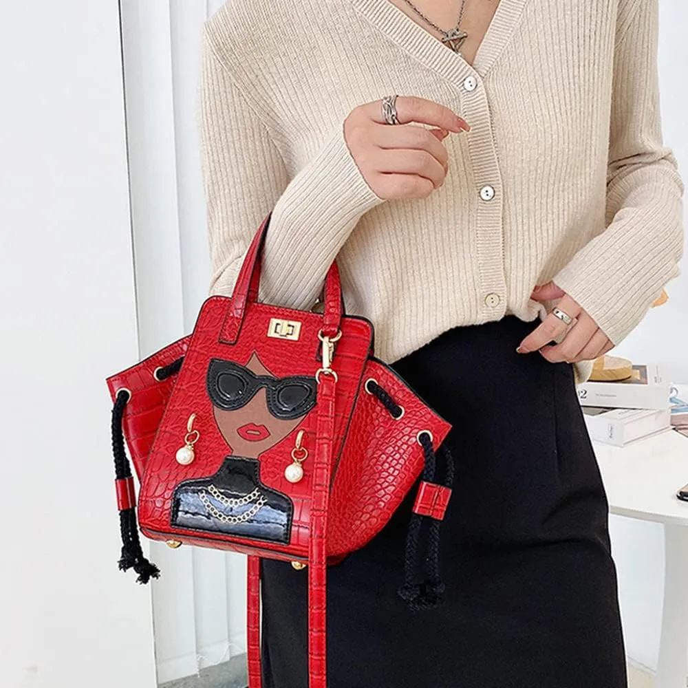 Women's Novelty Unique 3D Lady Face Leather with Crocodile Pattern Tote Handbags Funky Purse Hobo Crossbody Shoulder bags