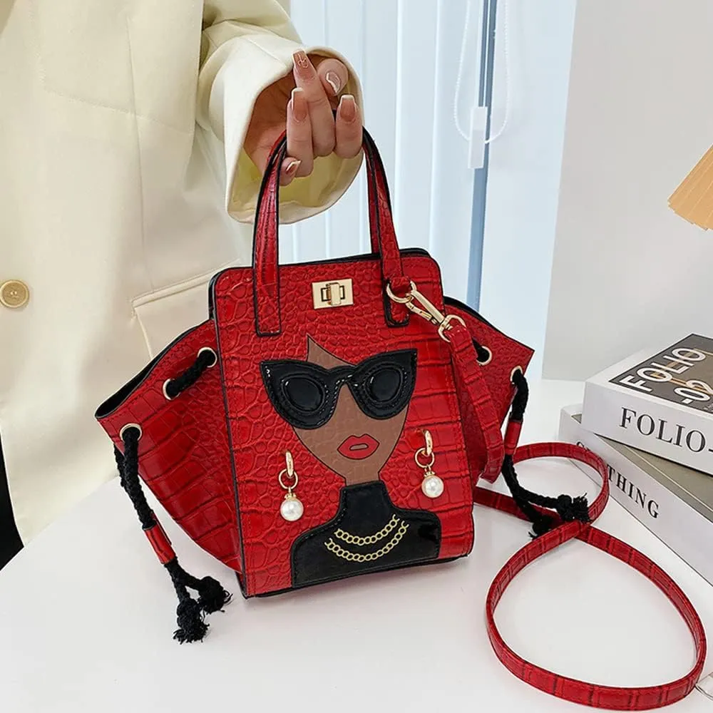 Women's Novelty Unique 3D Lady Face Leather with Crocodile Pattern Tote Handbags Funky Purse Hobo Crossbody Shoulder bags