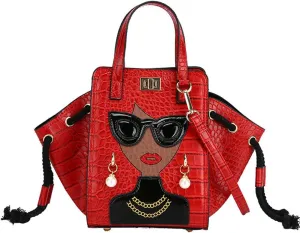 Women's Novelty Unique 3D Lady Face Leather with Crocodile Pattern Tote Handbags Funky Purse Hobo Crossbody Shoulder bags
