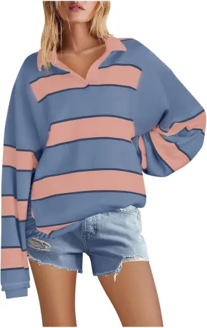 Womens Oversized Striped Swearshirt V Neck Color Block Tops Teen Girls Y2K Clothes Trendy Preppy Outfits Fall Shirts
